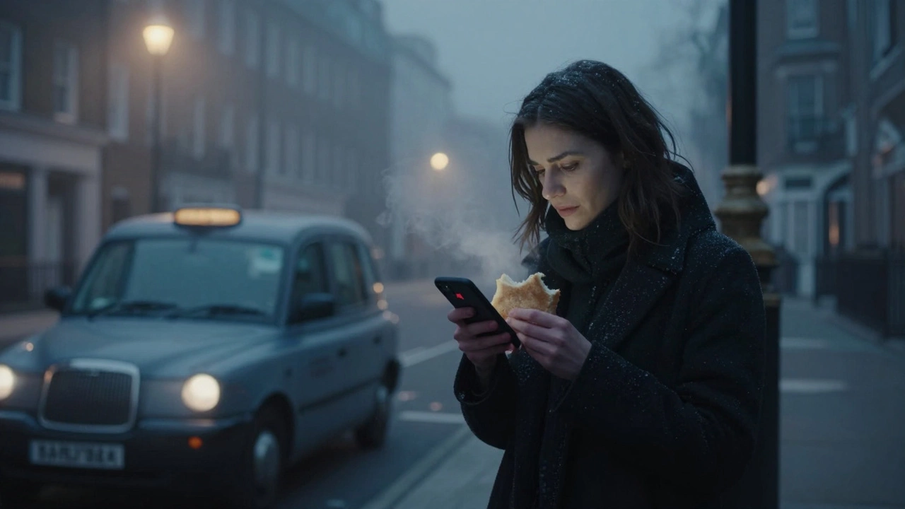 A person standing alone on a cold London street at 3 a.m., eating a sandwich beside a taxi.
