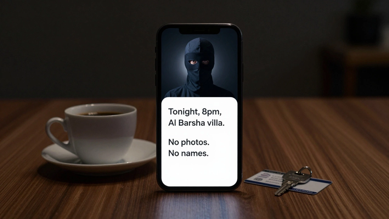 A smartphone screen shows a discreet message in a dark room, next to a coffee cup and keycard.