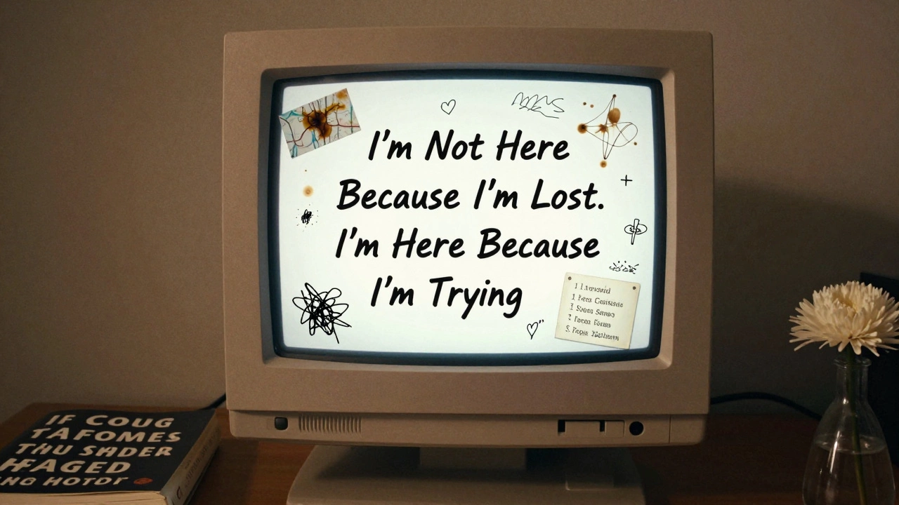 An archived blog post on a vintage computer screen with handwritten notes and a phrasebook.